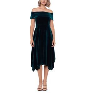 XSCAPE Velvet Off the Shoulder High Low A-Line Cocktail Dress Green Size 10